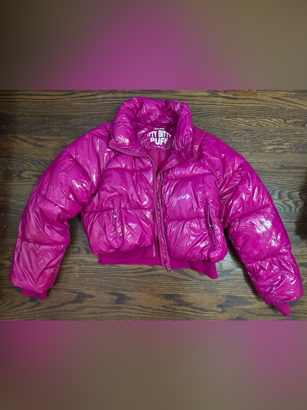 Garage cropped puffer coat hot pink patent
